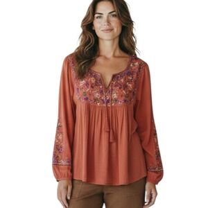ROXO Orange Embroidered Tunic Top Boho Peasant Tunic Long Sleeve size Large